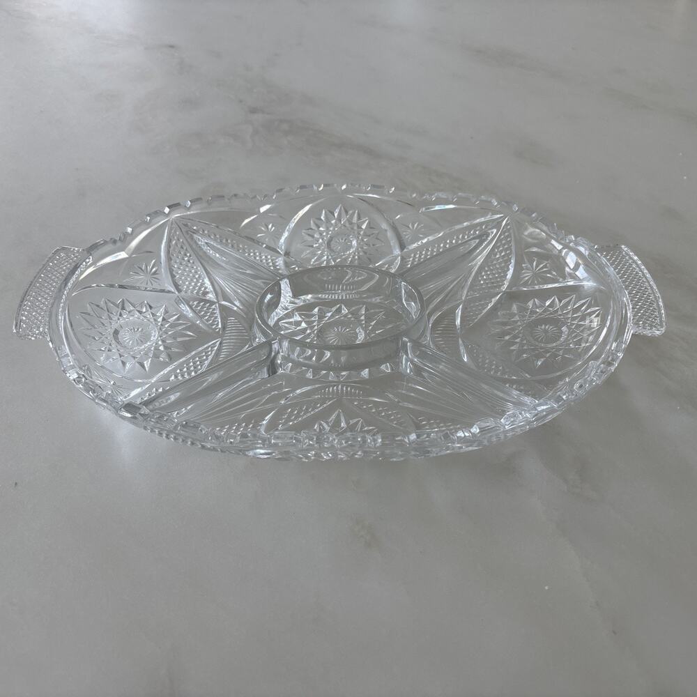 Crystal Glass Star Pattern Divided Vintage Serving Dish with handles 5 Sections